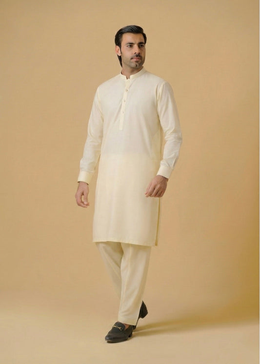 Cream Cotton Plain Shalwar Kameez