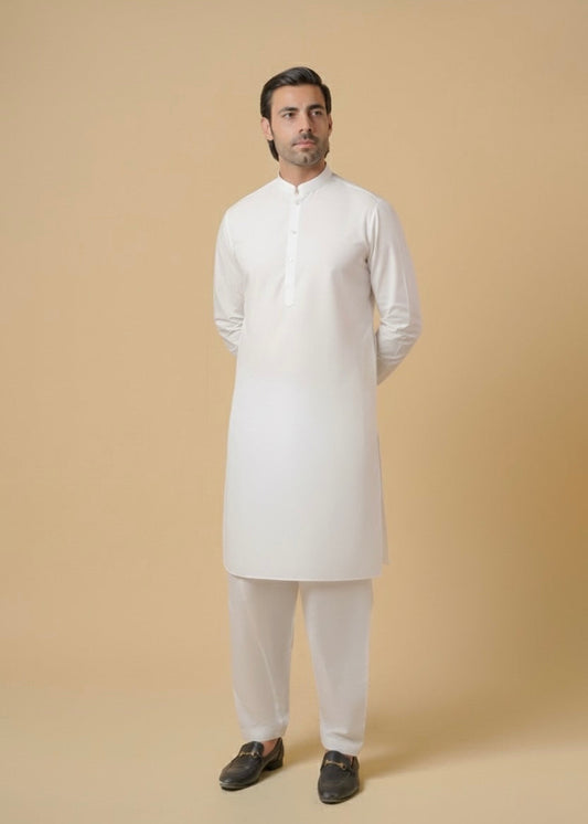 White Cotton Plain Shalwar Kameez