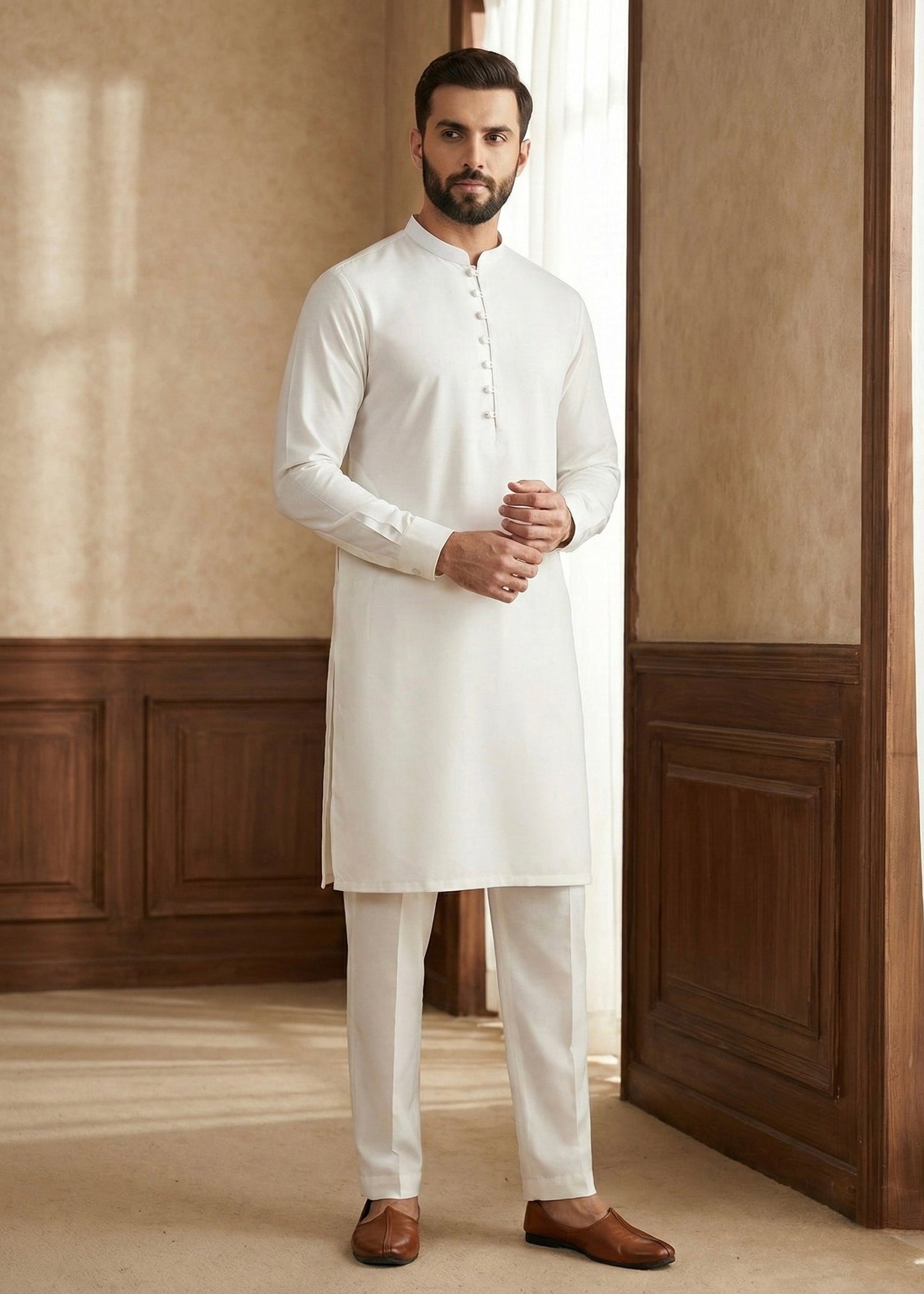 White Raw Silk Slim Fit Kurta Trouser
