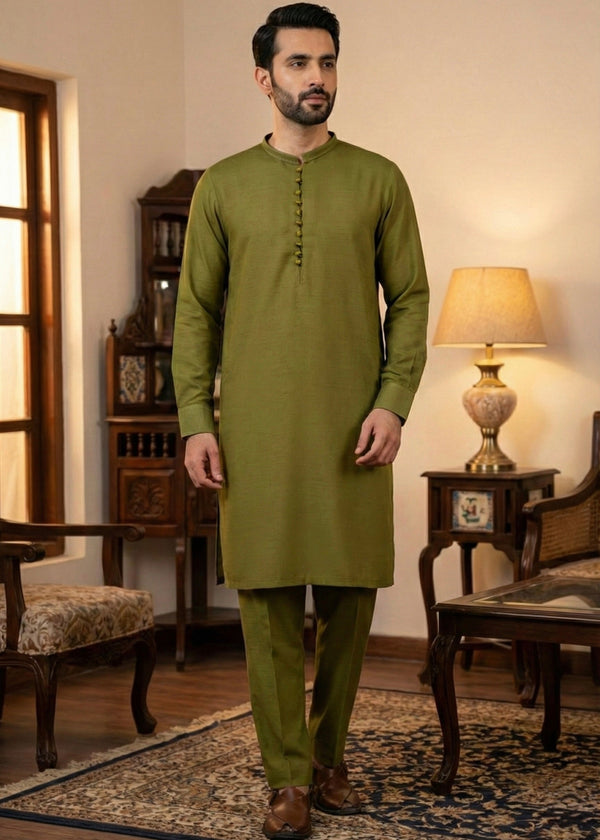 Olive Green Raw Silk Slim Fit Kutra Trouser
