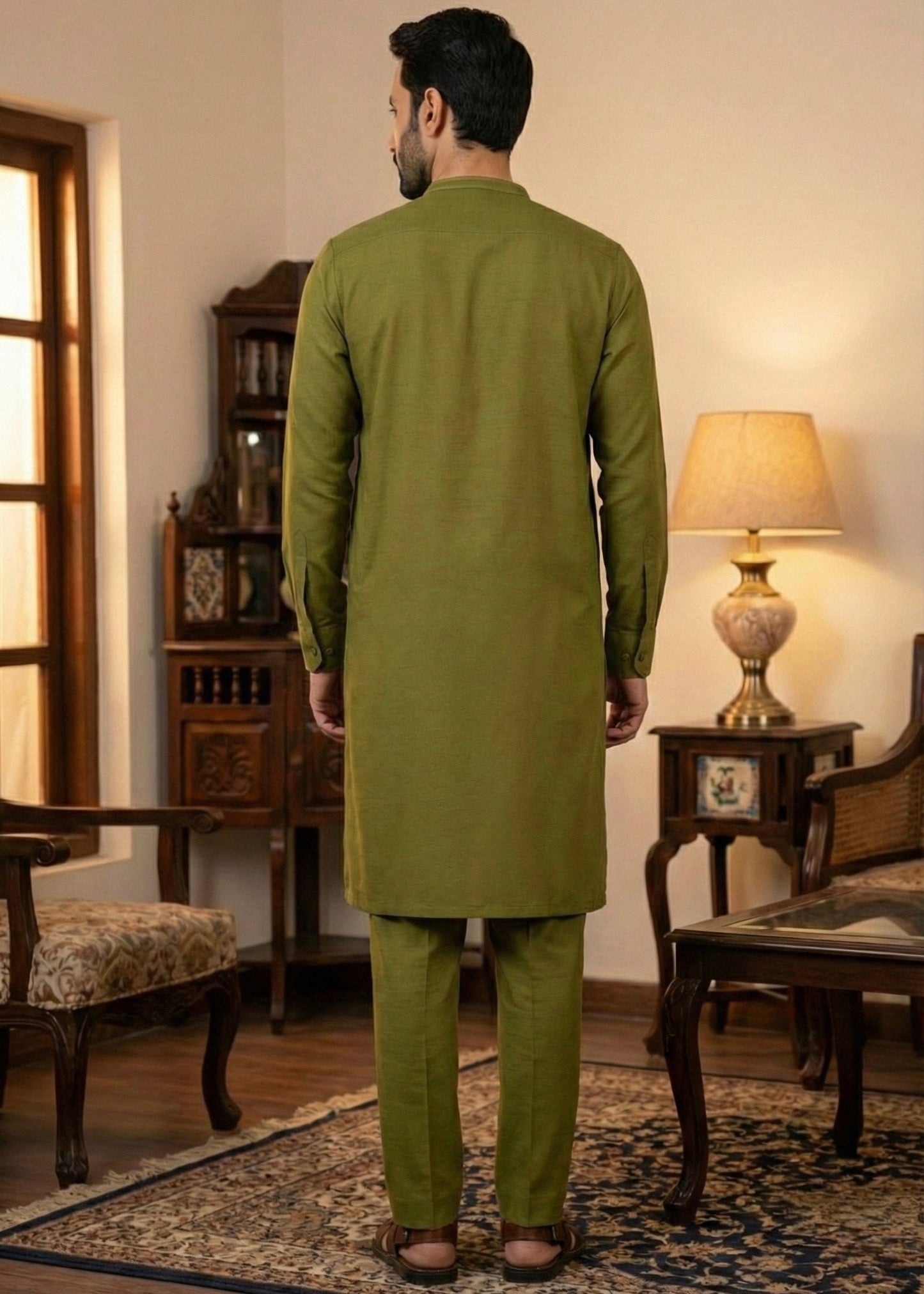 Olive Green Raw Silk Slim Fit Kutra Trouser