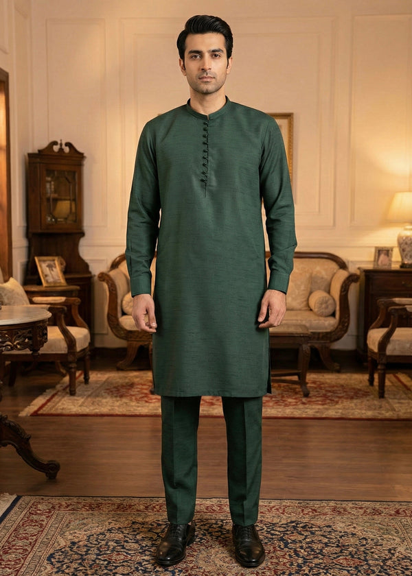 Bottle Green Raw Silk Slim Fit Kutra Trouser