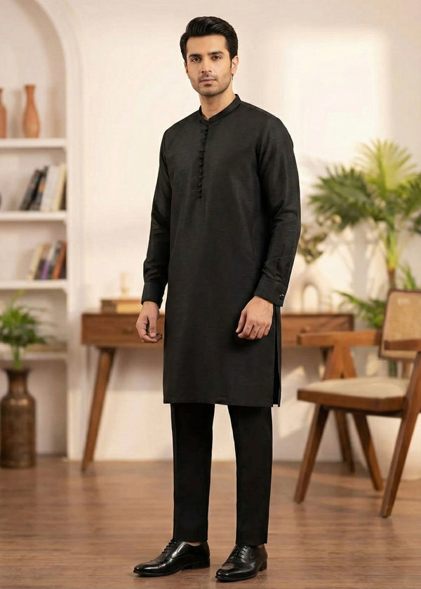 Black Raw Silk Slim Fit Kutra Trouser