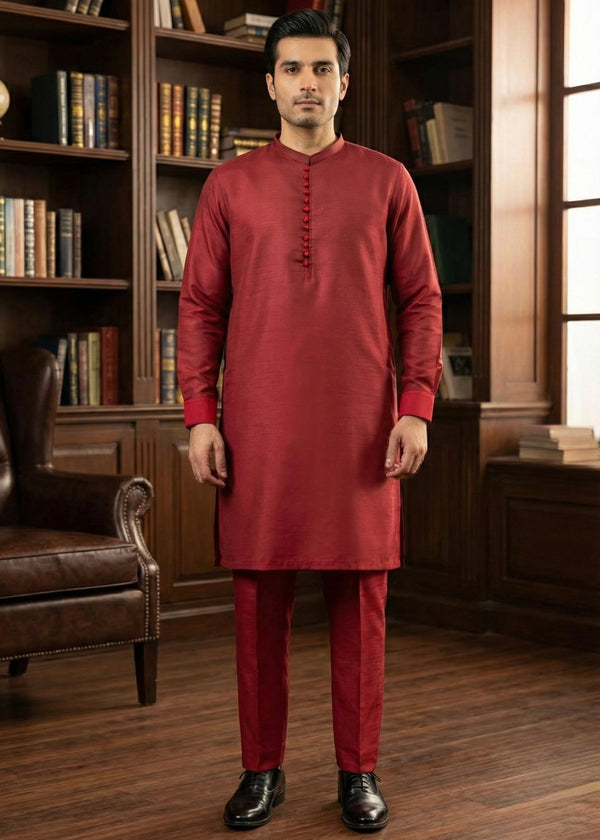 Red Raw Silk Slim Fit Kutra Trouser