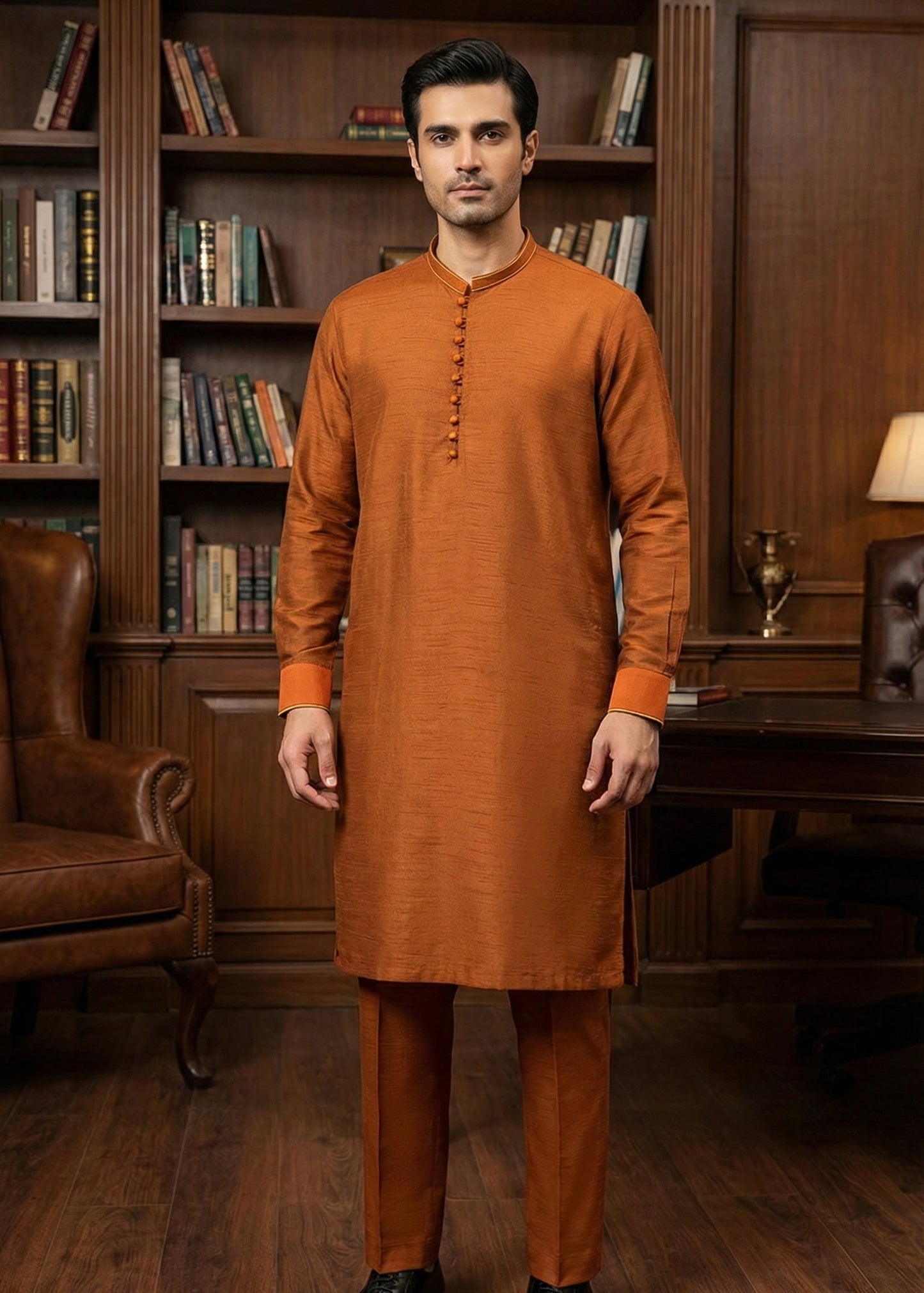 Rust Orange Raw Silk Slim Fit Kutra Trouser