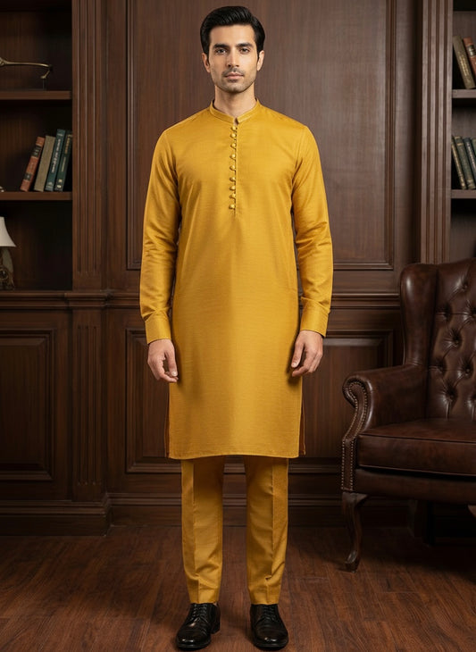Mustard Yellow Raw Silk Slim Fit Kurta Trouser