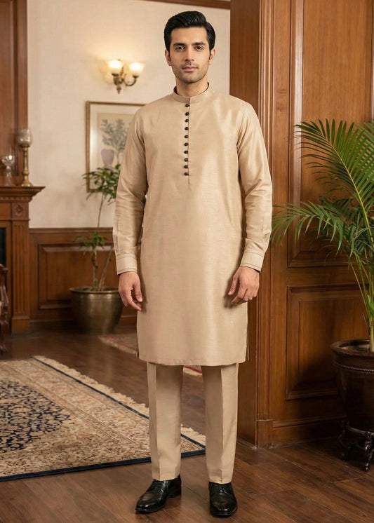 Wheat Raw Silk Slim Fit Kurta Trouser