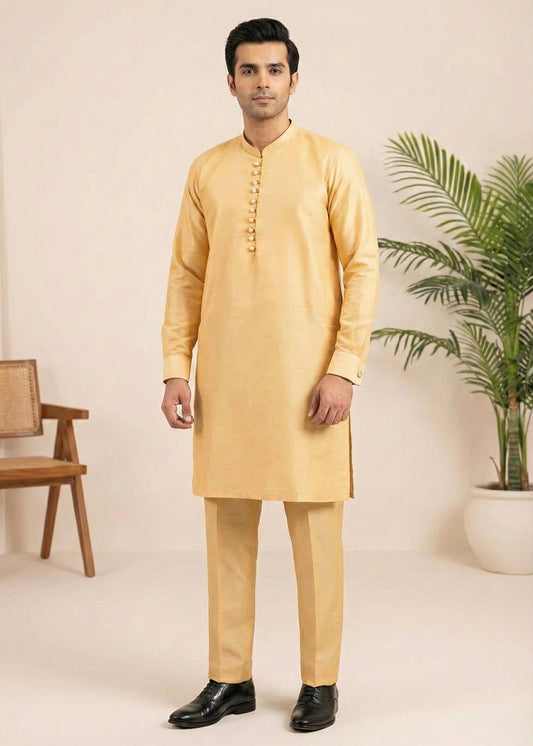 Yellow Gold Raw Silk Slim Fit Kurta Trouser
